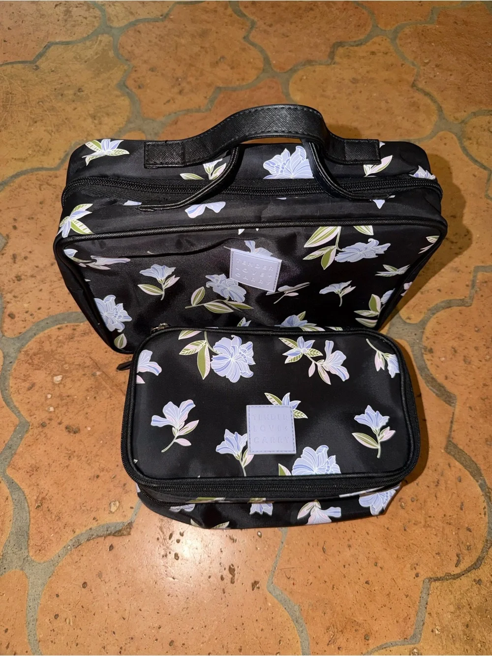 Tender Love and Carry Floral Black Travel Cosmetic Bag Set - 2 Piece